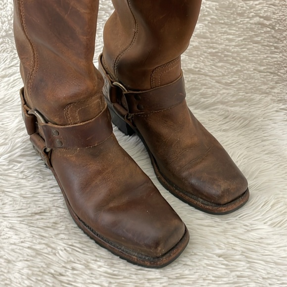 Frye 12R Harness vintage Brown Tall Square Toe Moto Riding Boots Women’s 6.5 - Picture 3 of 12